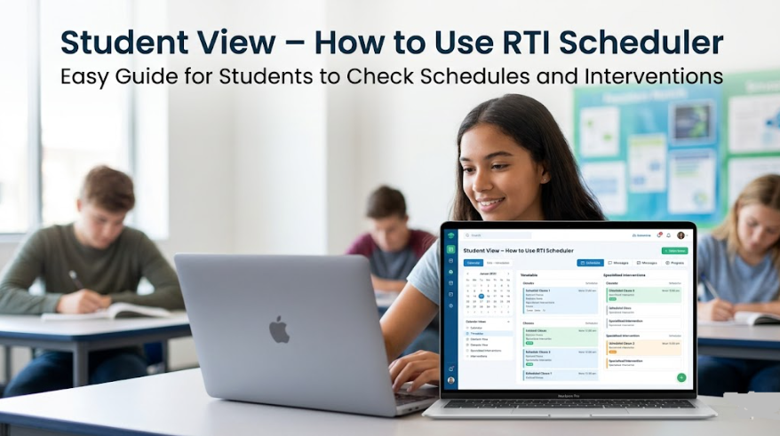 Student View How to Use RTI Scheduler guide showing student dashboard and intervention schedule